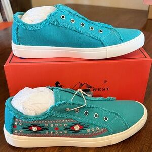 Turquoise and red Womens Slip-On Canvas Sneakers with Decorative Studs